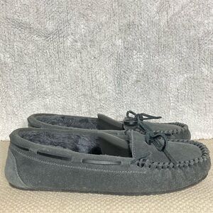 Minnetonka Womens Grey Suede Leather Faux Fur Lined Moccasins Shoes Size US 10 M